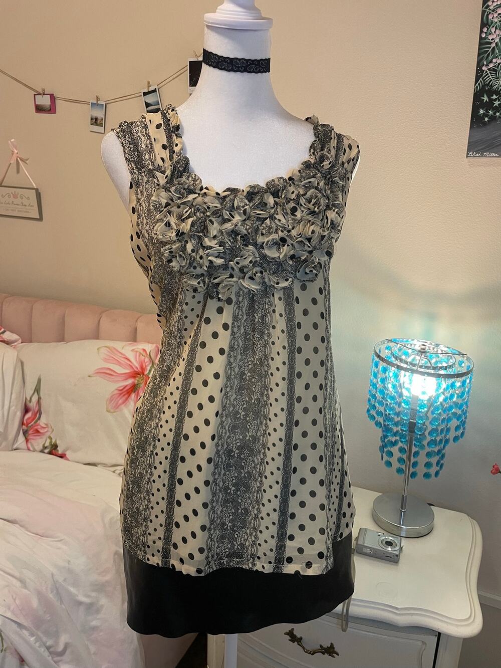 cream and black textured floral blouse tank top
